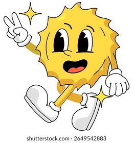 A bright and joyful cartoon sun character giving a peace sign, radiating warmth, happiness, and playful sunny energy.