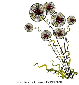 Bright joyful hand drawn spherical sectored dandelions with wavy ribbons.