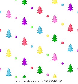 Bright and joyful seamless pattern with multicolor christmas trees and balls isolated on the transparent background. Endless texture for christmas decoration and design. Vector illustration