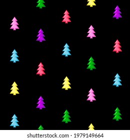 bright and joyful seamless pattern with multicolor trees isolated on the black background. Vector illustration