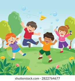 A bright and joyful vector illustration depicting a diverse group of happy children playing together in a lush green park. The cheerful characters are shown running, jumping with excitement, throwing a paper airplane, and blowing soap bubbles under a clear blue sky. Surrounded by colorful blooming flowers and dense green trees, this lively outdoor scene perfectly captures the pure essence of childhood friendship and active play, making it ideal for school banners, children's books, and family-oriented promotional materials.#HappyKids #ChildhoodPlaytime #KidsInThePark #BlowingBubbles #VectorIllustration #OutdoorActivities #ChildrenCartoon #SummerFun