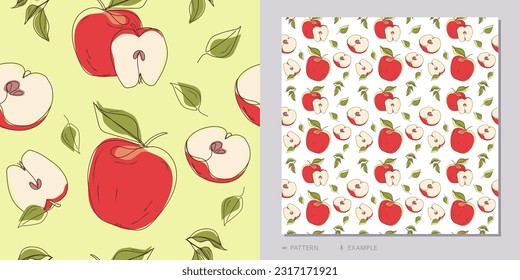 Bright juicy apples and leaves. Fruit seamless pattern background. Hand drawn line vector illustration. Pattern for modern design of fabric, wallpaper,  wrapping.