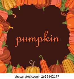 Bright juicy autumn background frame with pumpkins. Harvest day. Ripe pumpkins. Place for text. Autumn backgrounds. Vector illustration