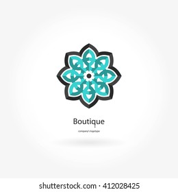 Bright and juicy beautiful blue circular logo for boutique, flower shop, business. Company mark, emblem, element. Simple geometric mandala logotype. Kaleidoscope big bud. Surround abstract blossom.