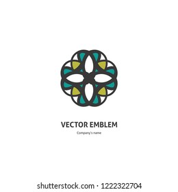 Bright and juicy beautiful circular logo for boutique, flower shop, business. Company mark, emblem, element. Simple geometric mandala logotype. Kaleidoscope big bud. Surround abstract blossom.