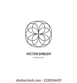 Bright and juicy beautiful circular logo for boutique, flower shop, business. Company mark, emblem, element. Simple geometric mandala logotype. Kaleidoscope big bud. Surround abstract blossom.