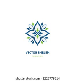 Bright and juicy beautiful circular logo for boutique, flower shop, business. Company mark, emblem, element. Simple geometric mandala logotype. Kaleidoscope big bud. Surround abstract blossom.