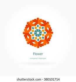 Bright, juicy beautiful circular logo for boutique, flower shop, business, interior. Company mark, emblem, element. Simple geometric mandala logotype. Kaleidoscope big bud. Surround abstract blossom.