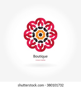 Bright, juicy beautiful circular logo for boutique, flower shop, business, interior. Company mark, emblem, element. Simple geometric mandala logotype. Kaleidoscope big bud. Surround abstract blossom.