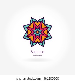 Bright, juicy beautiful circular logo for boutique, flower shop, business, interior. Company mark, emblem, element. Simple geometric mandala logotype. Kaleidoscope big bud. Surround abstract blossom.