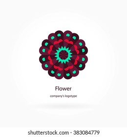 Bright, juicy beautiful circular logo for boutique, flower shop, business, interior. Company mark, emblem, element. Simple geometric mandala logotype. Kaleidoscope big bud. Surround abstract blossom.