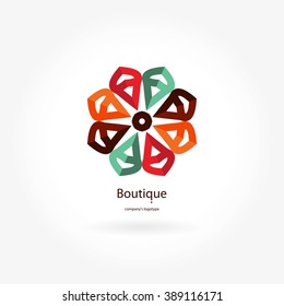 Luminoso y hermoso logo circular para boutique, floristería, negocios, interior. Marca de la empresa, emblema, elemento. Logotipo de mandala geométrica simple. Gran brote de Kaleidoscope. Rodeado de flores abstractas.