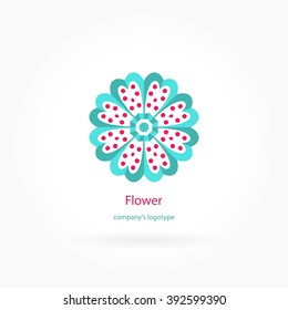 Bright, juicy beautiful circular logo for boutique, flower shop, business, interior. Company mark, emblem, element. Simple geometric mandala logotype. Kaleidoscope big bud. Surround abstract blossom.