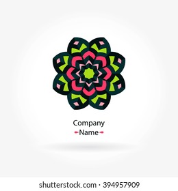 Bright, juicy beautiful circular logo for boutique, flower shop, business, interior. Company mark, emblem, element. Simple geometric mandala logotype. Kaleidoscope big bud. Surround abstract blossom.