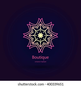 Bright, juicy beautiful circular logo for boutique, flower shop, business, interior. Company mark, emblem, element. Simple geometric mandala logotype. Kaleidoscope big bud. Surround abstract blossom.
