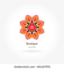 Bright and juicy beautiful circular logo for boutique, flower shop, business. Company mark, emblem, element. Simple geometric mandala logotype. Kaleidoscope big bud. Surround abstract blossom.
