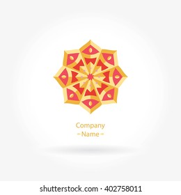 Bright and juicy beautiful circular logo for boutique, flower shop, business. Company mark, emblem, element. Simple geometric mandala logotype. Kaleidoscope big bud. Surround abstract blossom. Vintage