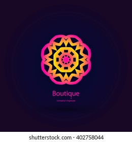 Bright, juicy beautiful circular logo for boutique, flower shop, business, interior. Company mark, emblem, element. Simple geometric mandala logotype. Kaleidoscope big bud. Surround abstract blossom.