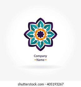 Bright And Juicy Beautiful Circular Logo For Boutique, Flower Shop, Business. Company Mark, Emblem, Element. Simple Geometric Mandala Logotype. Kaleidoscope Big Bud. Surround Abstract Blossom.
