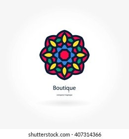 Bright and juicy beautiful circular logo for boutique, flower shop, business. Company mark, emblem, element. Simple geometric mandala logotype. Kaleidoscope big bud. Surround abstract blossom.