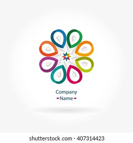 Bright and juicy beautiful circular logo for boutique, flower shop, business. Company mark, emblem, element. Simple geometric mandala logotype. Kaleidoscope big bud. Surround abstract blossom.