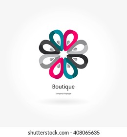 Bright and juicy beautiful circular logo for boutique, flower shop, business. Company mark, emblem, element. Simple geometric mandala logotype. Kaleidoscope big bud. Surround abstract blossom.