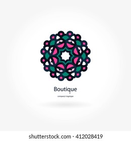 Bright and juicy beautiful circular logo for boutique, flower shop, business. Company mark, emblem, element. Simple geometric pink, green mandala logotype. Kaleidoscope bud. Surround abstract blossom.