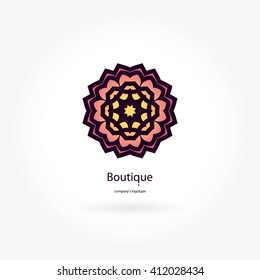 Bright and juicy beautiful circular logo for boutique, flower shop, business. Company mark, emblem, element. Simple geometric mandala logotype. Kaleidoscope big bud. Surround abstract blossom. Vintage