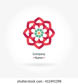Bright and juicy beautiful circular logo for boutique, flower shop, business. Company mark, emblem, element. Simple geometric mandala logotype. Kaleidoscope big bud. Surround abstract blossom.