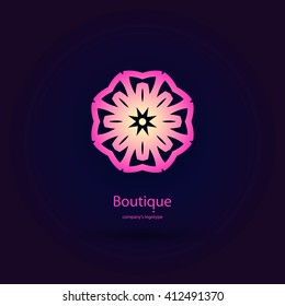 Bright and juicy beautiful circular logo for boutique, flower shop. Company mark, emblem, element. Simple geometric mandala logotype. Kaleidoscope big bud. Surround abstract blossom. Pink gradient.