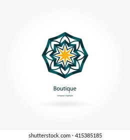 Bright and juicy beautiful circular logo for boutique, flower shop, business. Company mark, emblem, element. Simple geometric mandala logotype. Kaleidoscope big bud. Surround abstract blossom.
