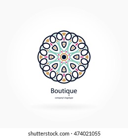 Bright and juicy beautiful circular logo for boutique, flower shop, business. Company mark, emblem, element. Simple geometric mandala logotype. Kaleidoscope big bud. Surround abstract blossom.