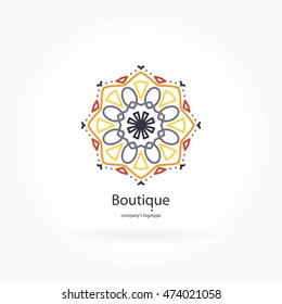 Bright and juicy beautiful circular logo for boutique, flower shop, business. Company mark, emblem, element. Simple geometric mandala logotype. Kaleidoscope big bud. Surround abstract blossom.