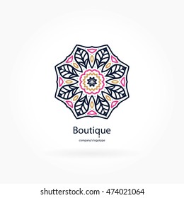 Bright and juicy beautiful circular logo for boutique, flower shop, business. Company mark, emblem, element. Simple geometric mandala logotype. Kaleidoscope big bud. Surround abstract blossom.