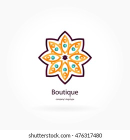Bright and juicy beautiful circular logo for boutique, flower shop, business. Company mark, emblem, element. Simple geometric mandala logotype. Kaleidoscope big bud. Surround abstract blossom.