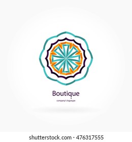 Bright and juicy beautiful circular logo for boutique, flower shop, business. Company mark, emblem, element. Simple geometric mandala logotype. Kaleidoscope big bud. Surround abstract blossom.