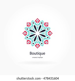 Bright and juicy beautiful circular logo for boutique, flower shop, business. Company mark, emblem, element. Simple geometric mandala logotype. Kaleidoscope big bud. Surround abstract blossom.
