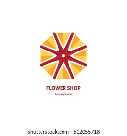 Bright and juicy beautiful circular logo for boutique, flower shop, business. Company mark, emblem, element. Simple geometric mandala logotype. Kaleidoscope big bud. Surround abstract blossom.
