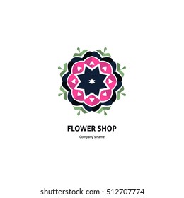 Bright and juicy beautiful circular logo for boutique, flower shop, business. Company mark, emblem, element. Simple geometric mandala logotype. Kaleidoscope big bud. Surround abstract blossom.