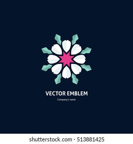 Bright and juicy beautiful circular logo for boutique, flower shop, business. Company mark, emblem, element. Simple geometric mandala logotype. Kaleidoscope big bud. Surround abstract blossom.