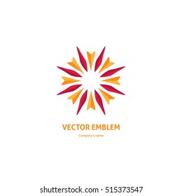 Bright and juicy beautiful circular logo for boutique, flower shop, business. Company mark, emblem, element. Simple geometric mandala logotype. Kaleidoscope big bud. Surround abstract blossom.