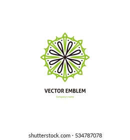 Bright and juicy beautiful circular logo for boutique, flower shop, business. Company mark, emblem, element. Simple geometric mandala logotype. Kaleidoscope big bud. Surround abstract blossom.