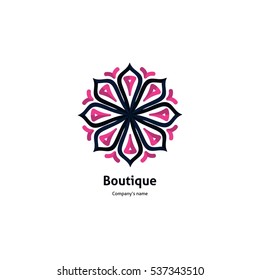 Bright and juicy beautiful circular logo for boutique, flower shop, business. Company mark, emblem, element. Simple geometric mandala logotype. Kaleidoscope big bud. Surround abstract blossom.