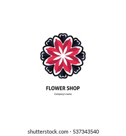 Bright and juicy beautiful circular logo for boutique, flower shop, business. Company mark, emblem, element. Simple geometric mandala logotype. Kaleidoscope big bud. Surround abstract blossom.