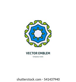 Bright and juicy beautiful circular logo for boutique, flower shop, business. Company mark, emblem, element. Simple geometric mandala logotype. Kaleidoscope big bud. Surround abstract blossom.