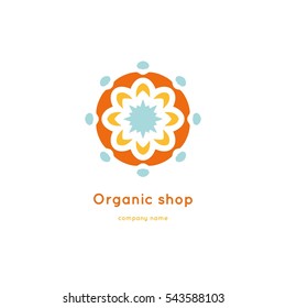 Bright and juicy beautiful circular logo for organic shop, eco product, cosmetic, business. Company mark, emblem, element. Nature geometric mandala logotype. Big bud