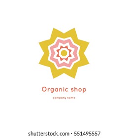 Bright and juicy beautiful circular logo for organic shop, eco product, cosmetic, business. Company mark, emblem, element. Nature geometric mandala logotype. Big bud