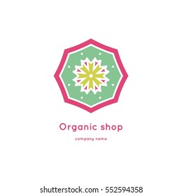 Bright and juicy beautiful circular logo for organic shop, eco product, cosmetic, business. Company mark, emblem, element. Nature geometric mandala logotype. Big bud