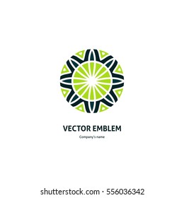Bright and juicy beautiful circular logo for boutique, flower shop, business. Company mark, emblem, element. Simple geometric mandala logotype. Kaleidoscope big bud. Surround abstract blossom.