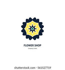 Bright and juicy beautiful circular logo for boutique, flower shop, business. Company mark, emblem, element. Simple geometric mandala logotype. Kaleidoscope big bud. Surround abstract blossom.